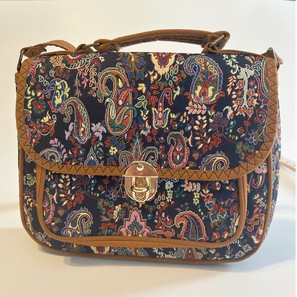 Boho Turkish Tapestry Crossbody Purse Faux Leather Trim Paisley Western - Picture 2 of 6